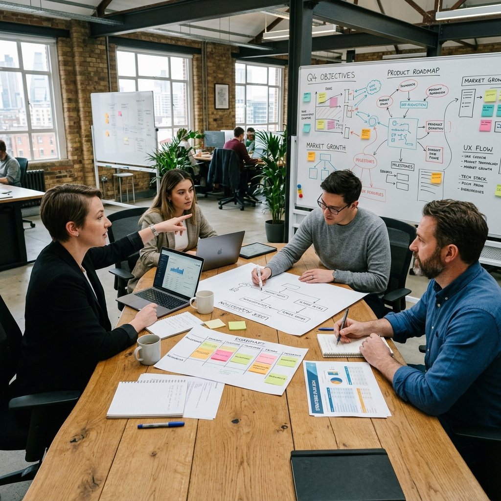 A professional strategy discussion with sketches and planning documents