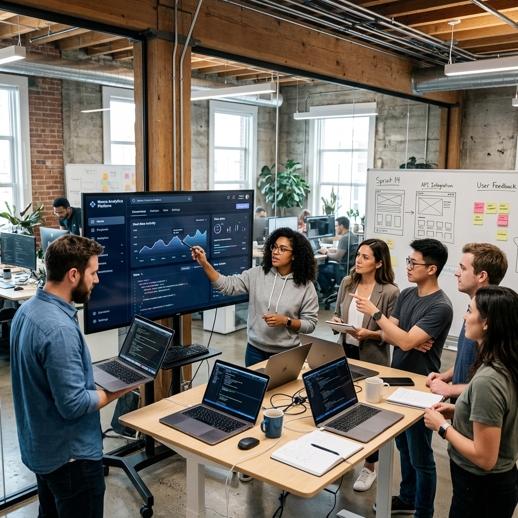A software product team building and reviewing a modern application interface
